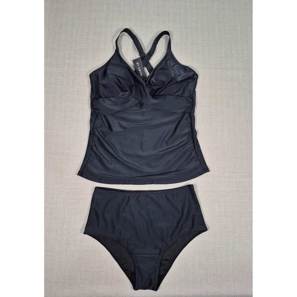 Tempt Me Black Tankini Swimsuit Set Crossover Ruched Tummy Control Large NWT